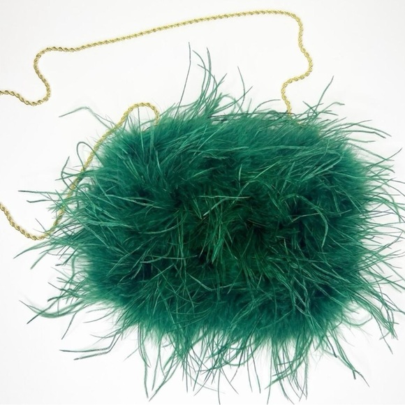 NWT Loeffler Randall Zahara Feather Trim Satin Bag Green - Picture 4 of 9